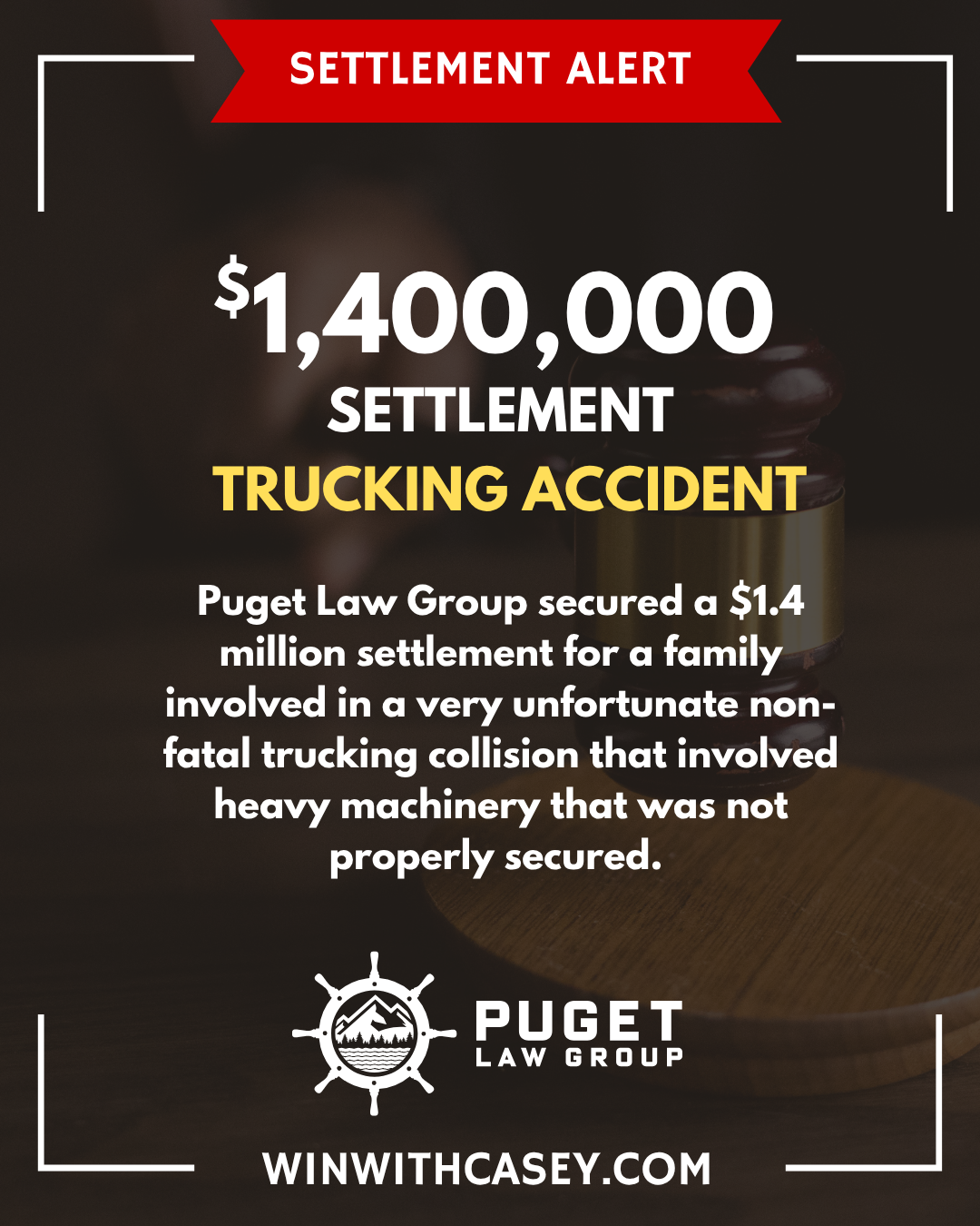 Graphic highlighting recent personal injury settlement secured for an accident victim — showcasing the law firm’s success in obtaining compensation for medical expenses, pain and suffering, and lost wages.